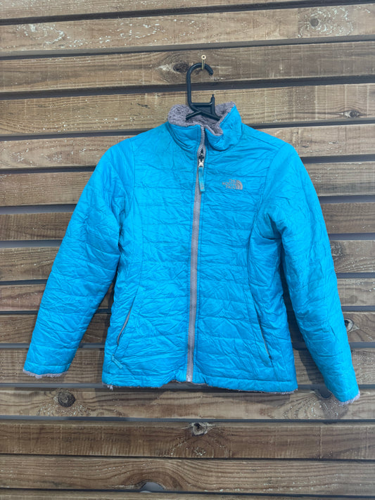 Vintage 90s The North Face reversible Waterproof quilted puffer fleece Outdoors Jacket. Blue & Grey. Size Small.