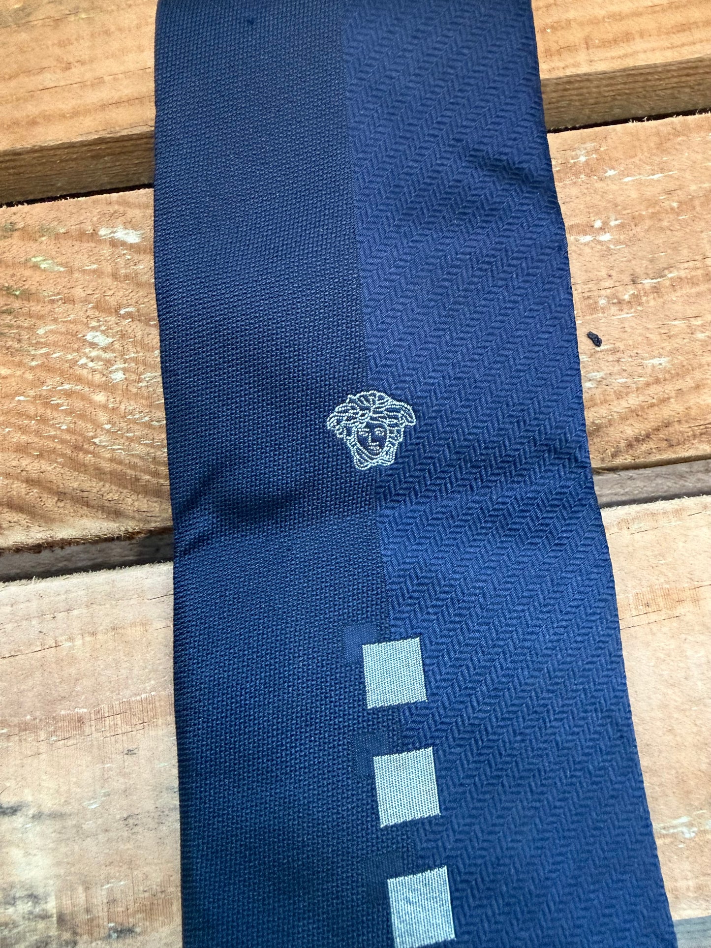 Vintage 90s Versace Medusa silk tie. Baroque. Navy.