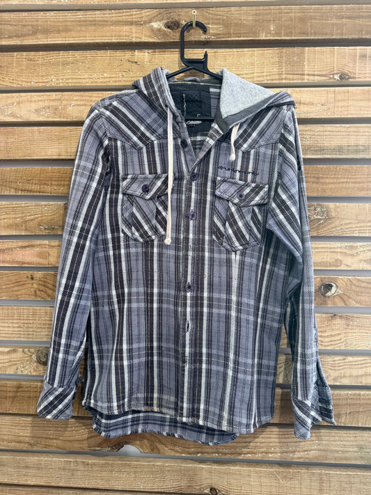 Vintage Y2K Drunknmunky checked flannel plaid button up hooded shirt. Hoodie. Size Small.