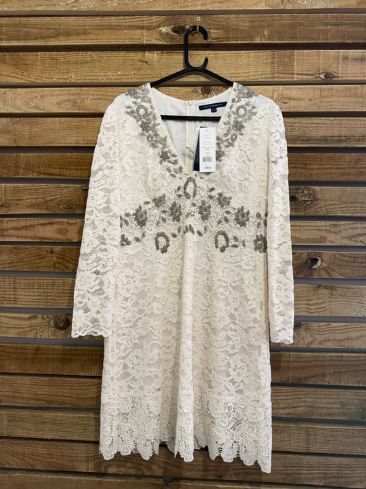 BNWT French connection lace beaded/ embellished dress. Evening/ summer/ bridal/ wedding. Size 16. RRP: £180