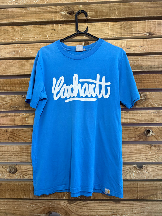 Vintage 90s Carhartt spell-out motif t-shirt. Blue. Workwear/ cowboy/ USA. Size Medium