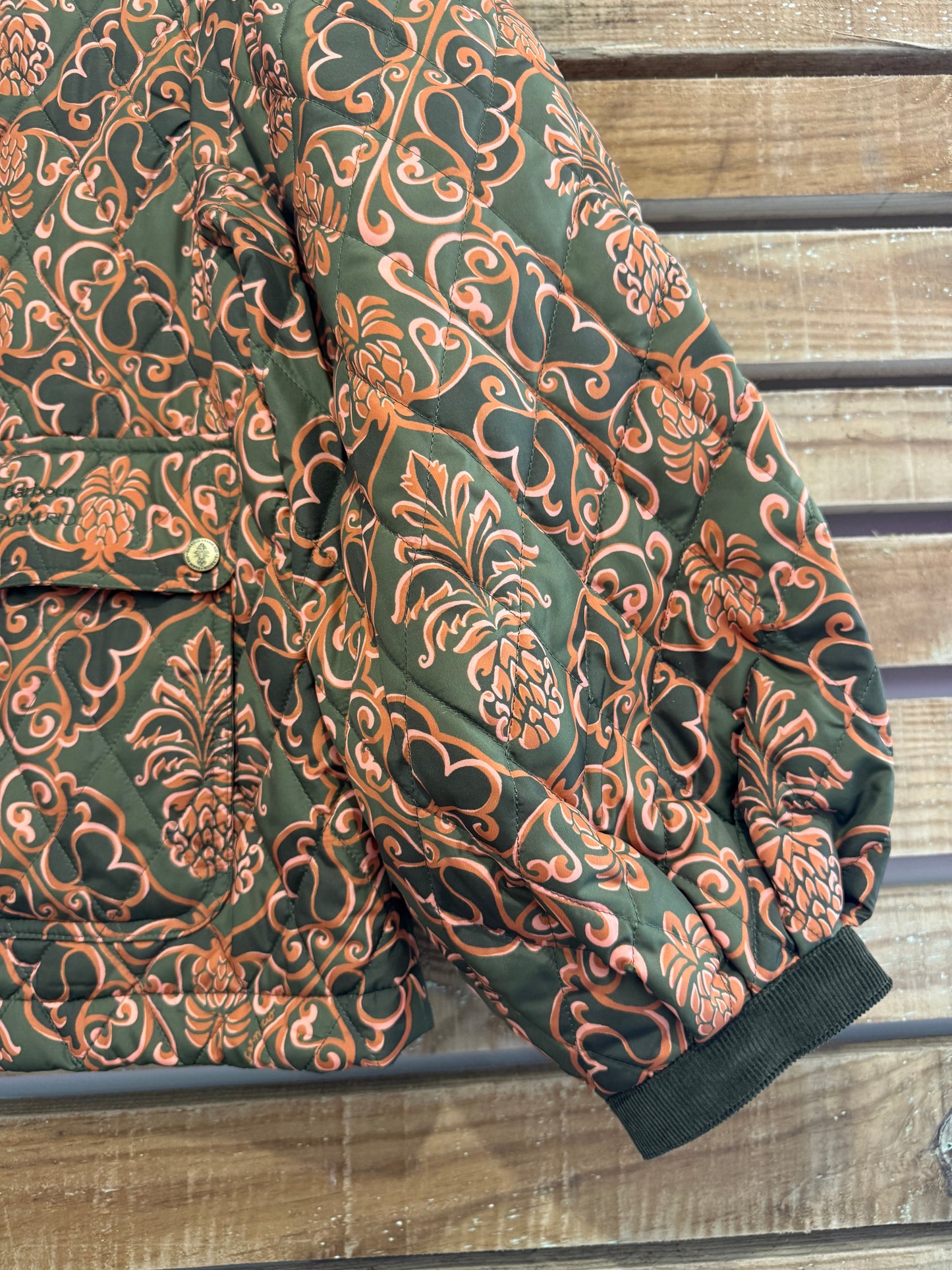 BNWT Barbour x Farm Rio Luisa Quilted Jacket. Green & Orange floral pineapple print. Size Large.