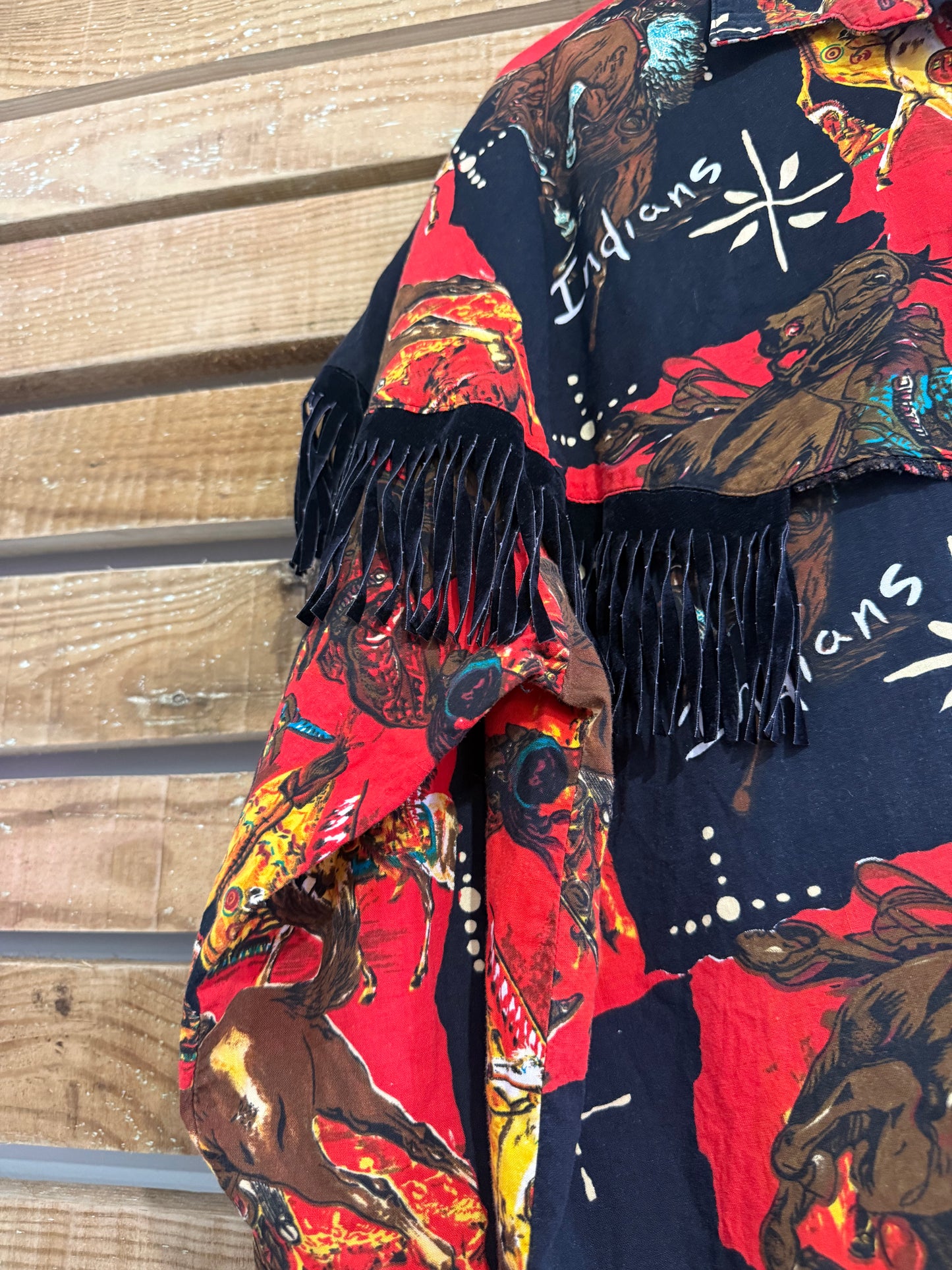 Vintage 80s Rafter Cowboy & Indians fringed western shirt. Made in USA. Size Large.