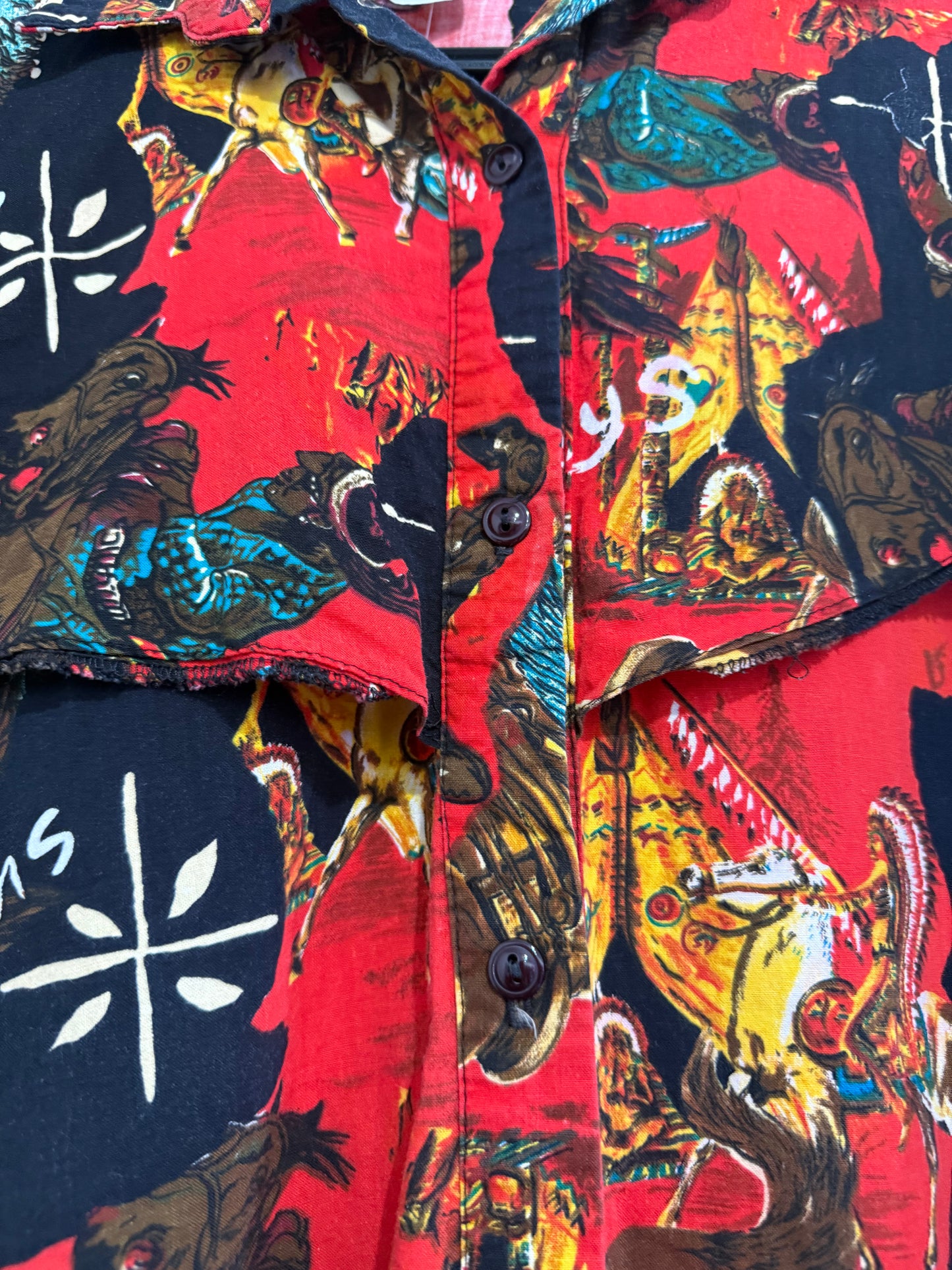 Vintage 80s Rafter Cowboy & Indians fringed western shirt. Made in USA. Size Large.