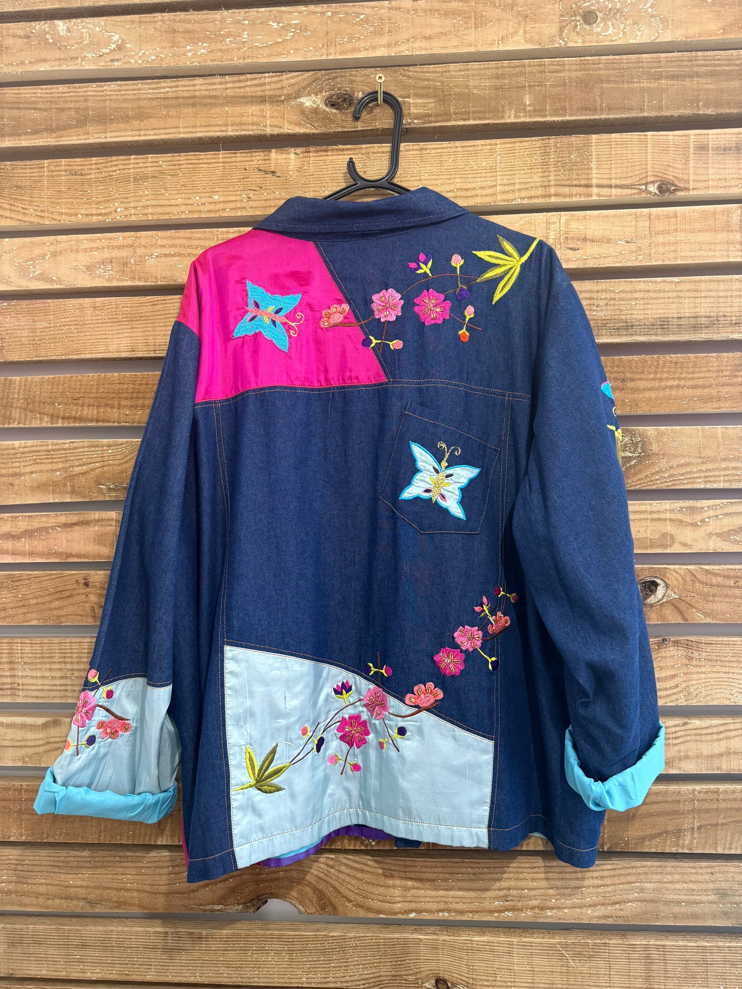 Vintage Y2K Indigo Moon patchwork embroidered denim jacket. Free sizing. 3XL.