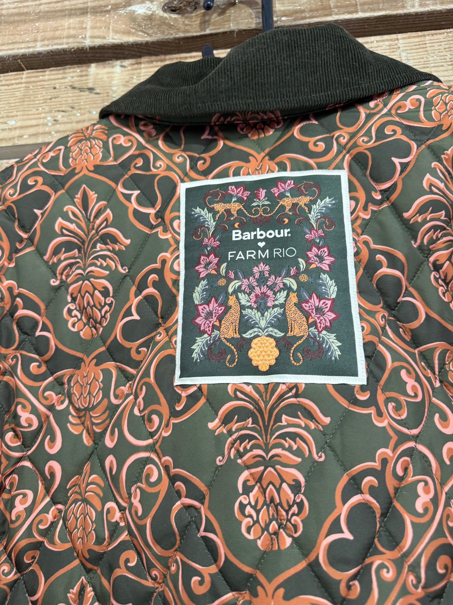 BNWT Barbour x Farm Rio Luisa Quilted Jacket. Green & Orange floral pineapple print. Size Large.
