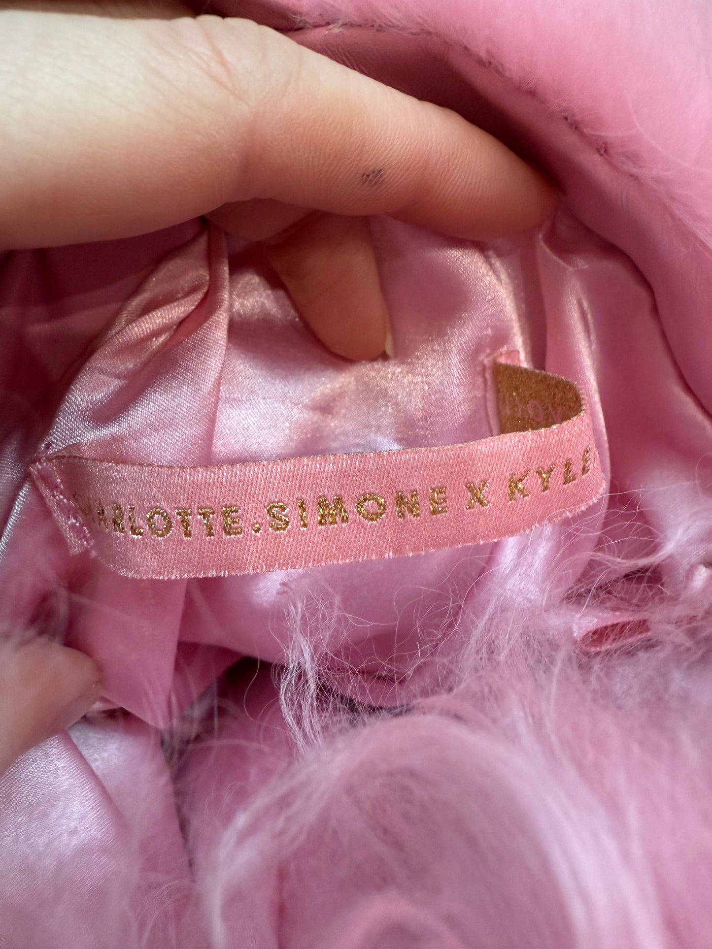 Charlotte Simone x Kyle fluffy pink bonbon bag with removable chain.