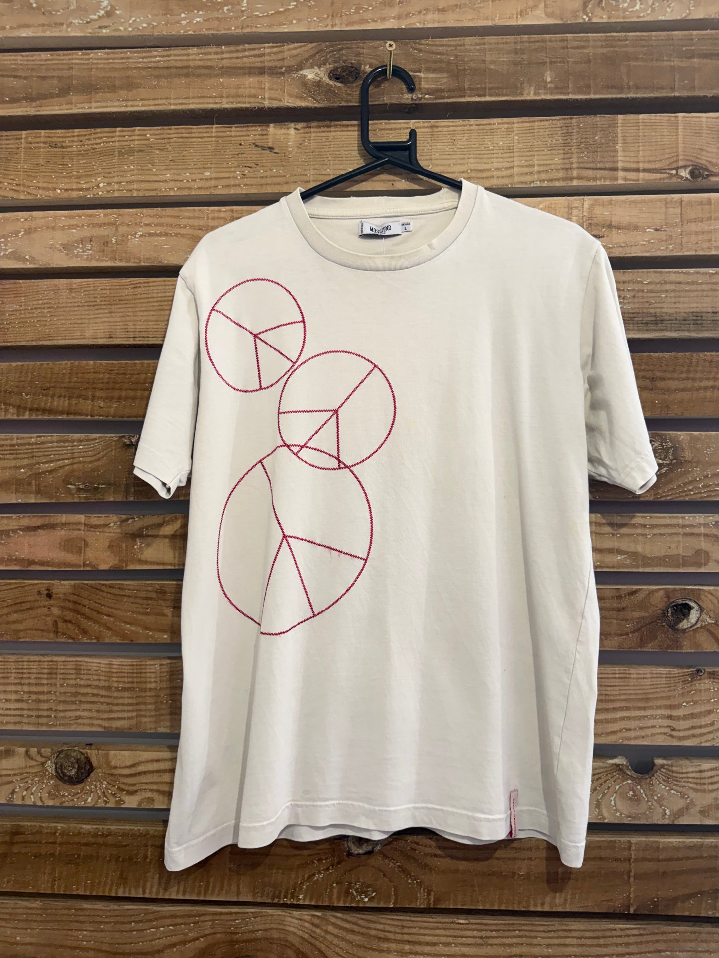 Vintage 90s Moschino peace logo embroidered T-shirt. Size Large. Rave