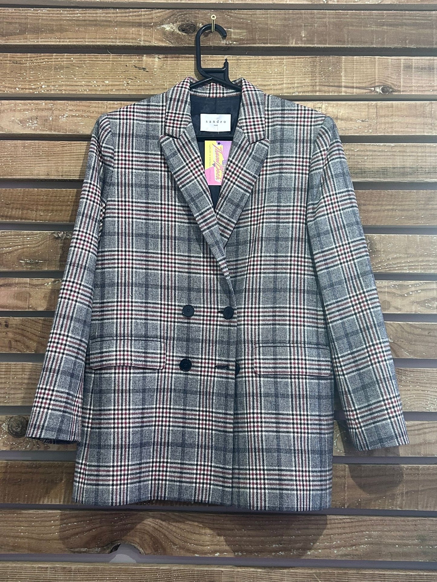 Sandro plaid checked wool double breasted blazer jacket. Size 40