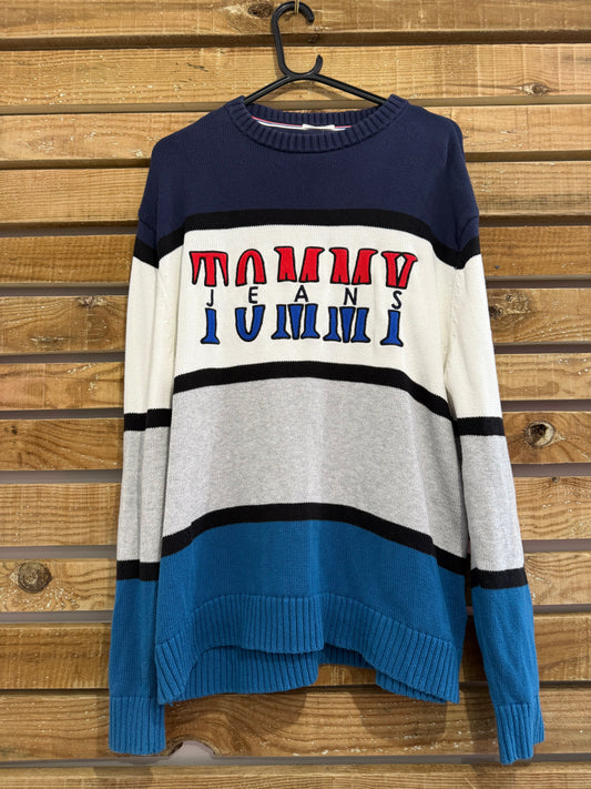 Vintage Y2K Tommy Hilfiger spell-out knit jumper/ sweater. Blue. Size Small
