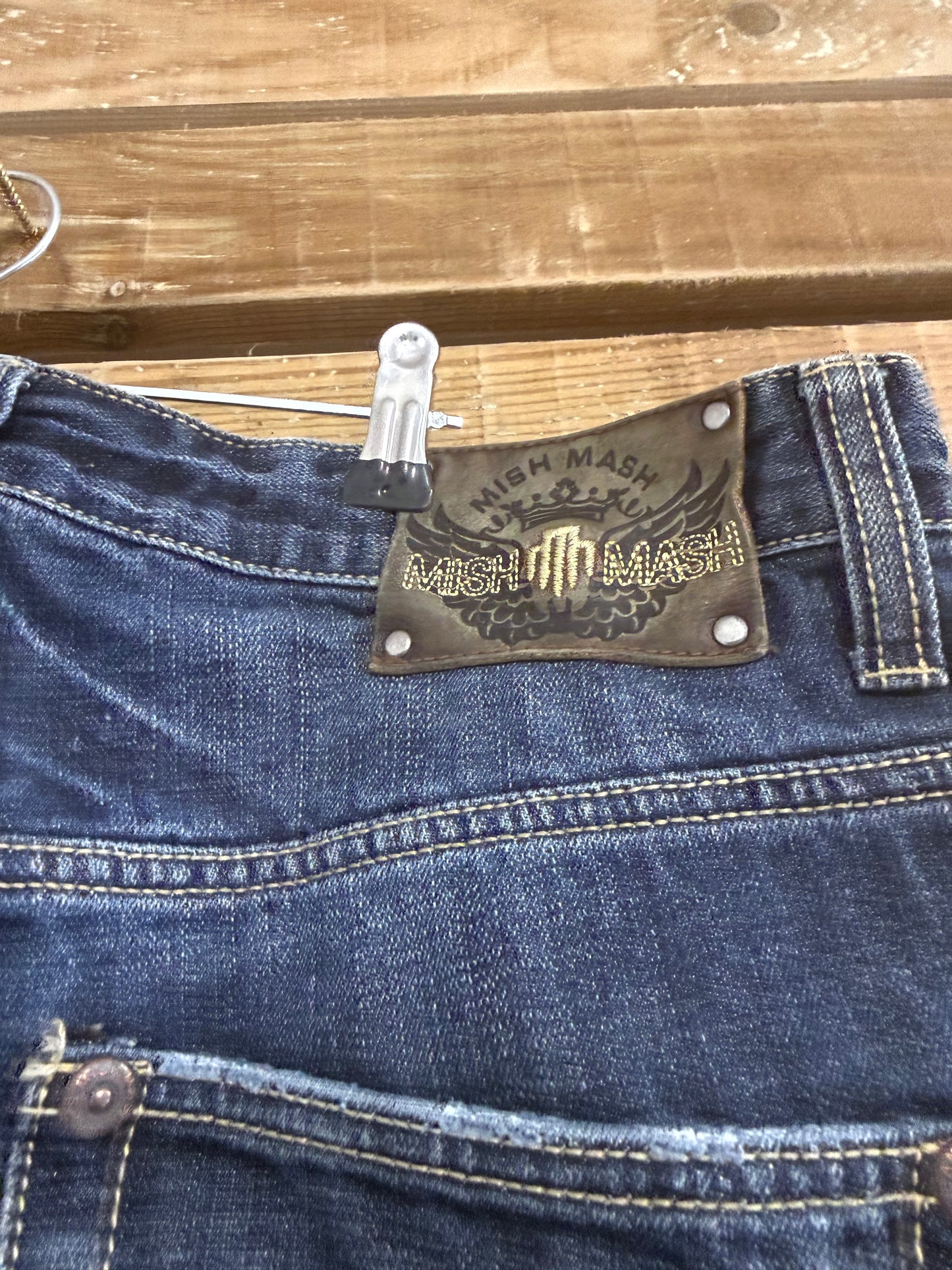 Vintage Y2K Mish Mash Dark Blue distressed stonewash jeans. Waist 33” leg 30”