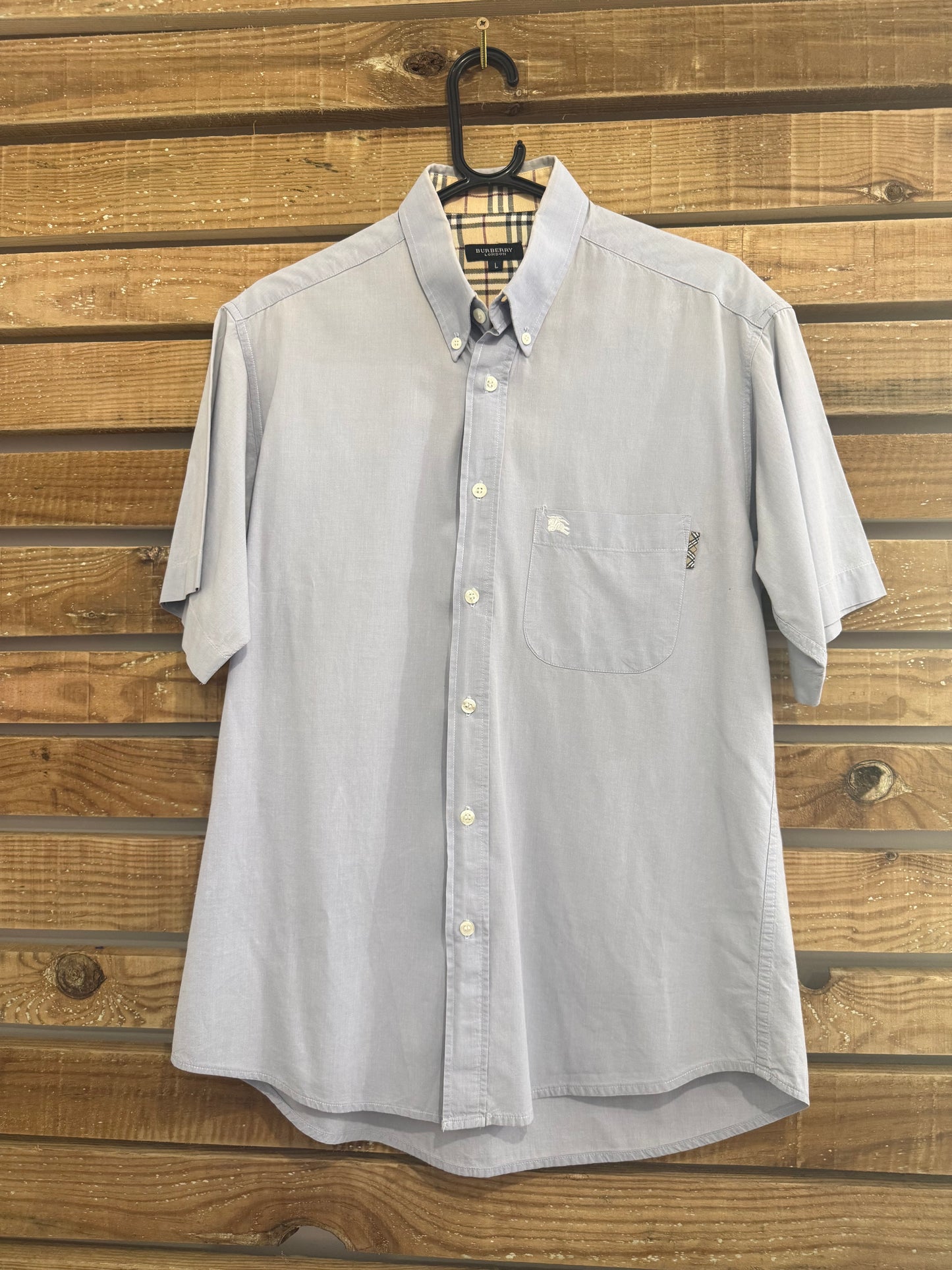 Vintage 90s Burberry blue cotton button up short sleeve shirt. Size Large. 44” chest. Nova check.