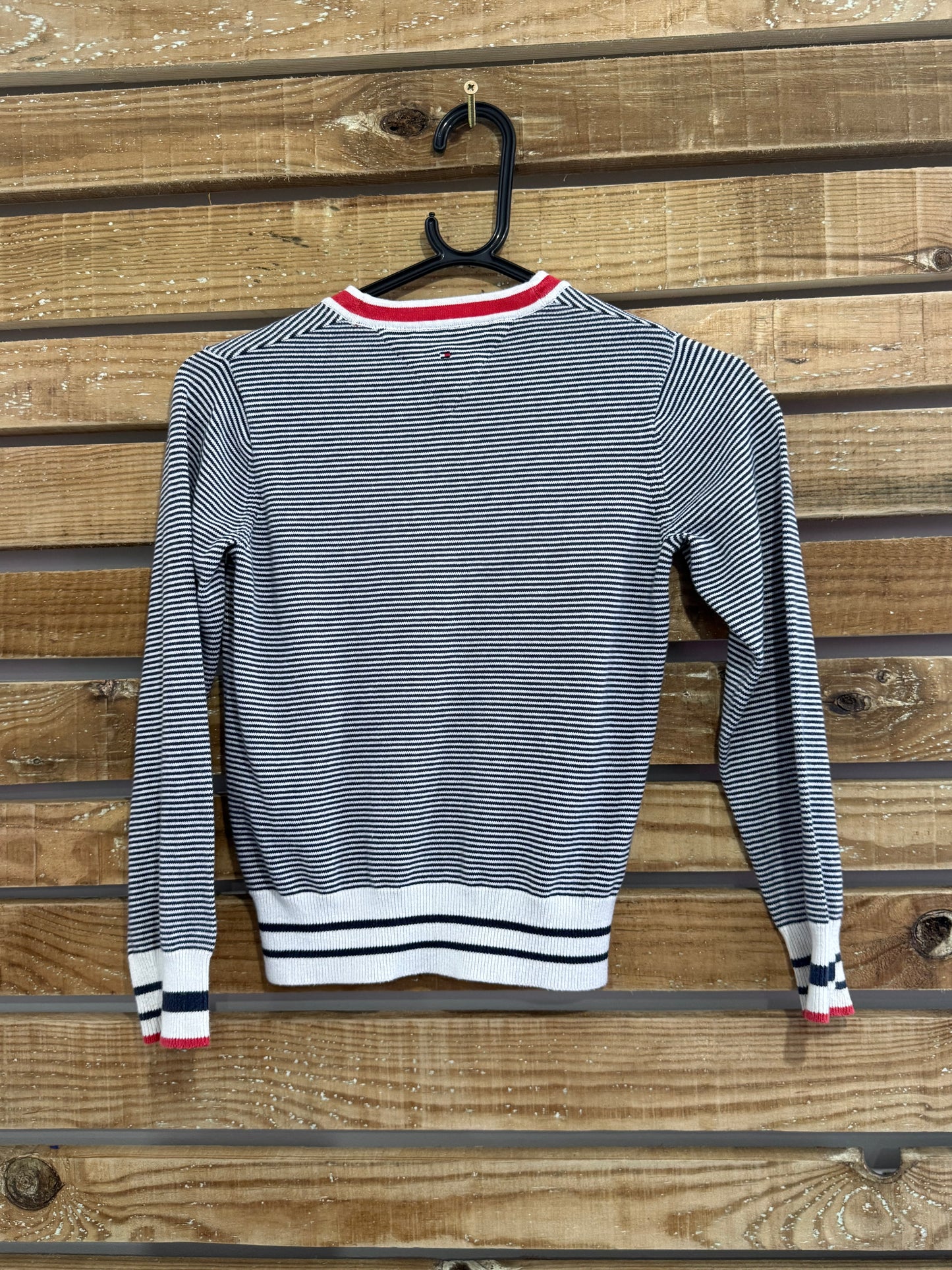 Vintage 90s Tommy Hilfiger V neck cotton jumper/ sweater. Blue and white stripe. Size 4-6.