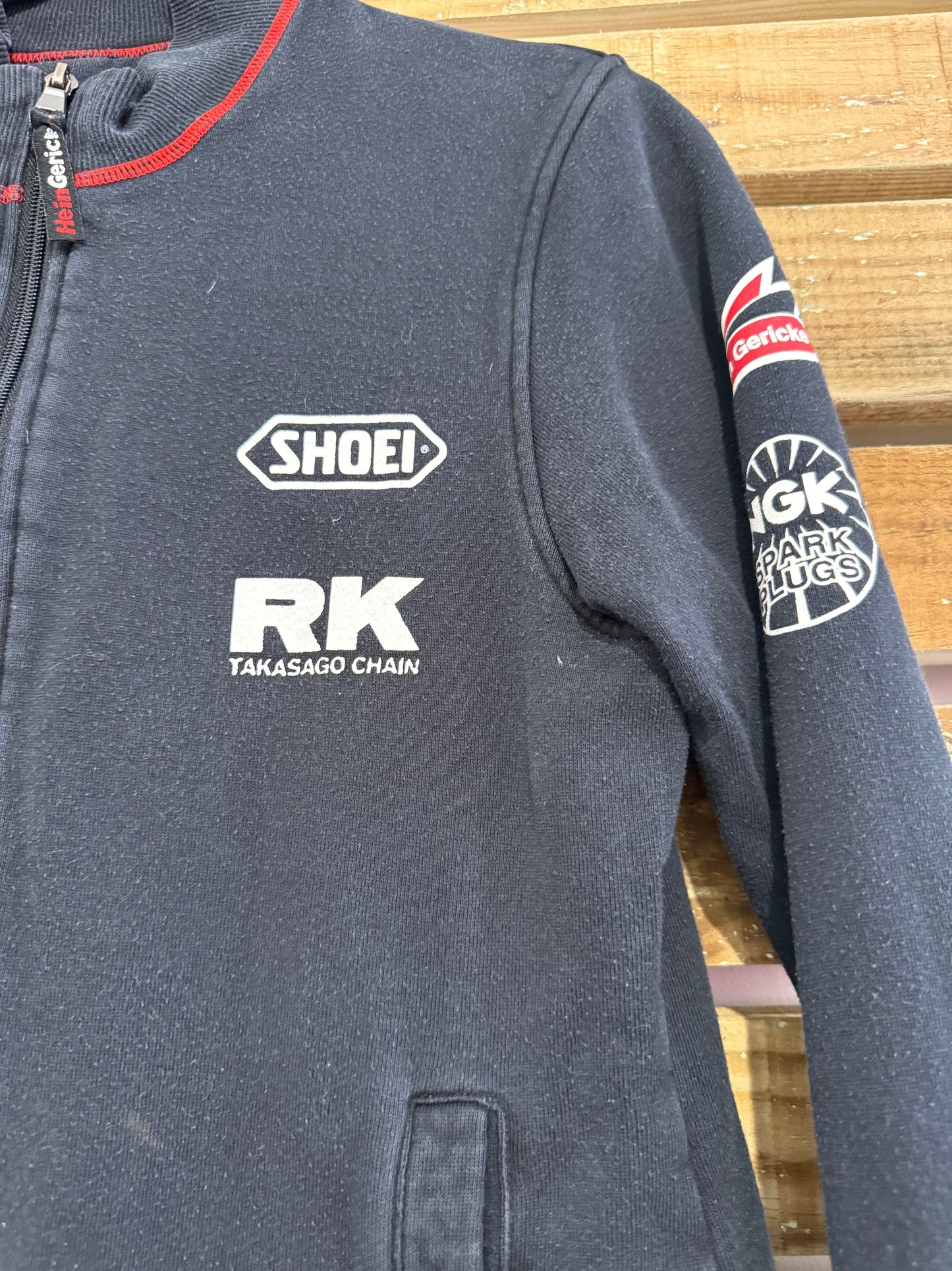 Vintage 90s Hein Gericke zip up racing motif sweater/ sweatshirt. Black. Size Medium.