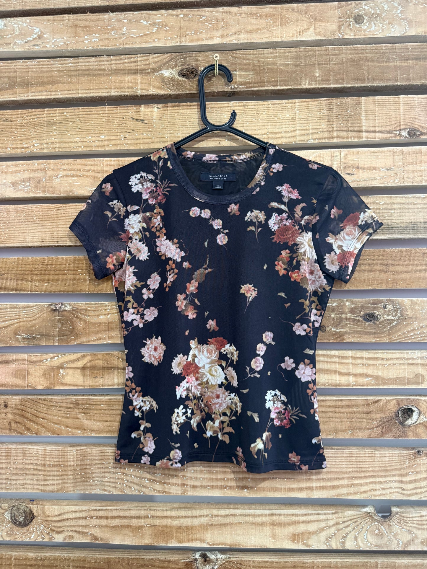 AllSaints Pink Ellie Black Floral Print Mesh T-Shirt. Size UK10.