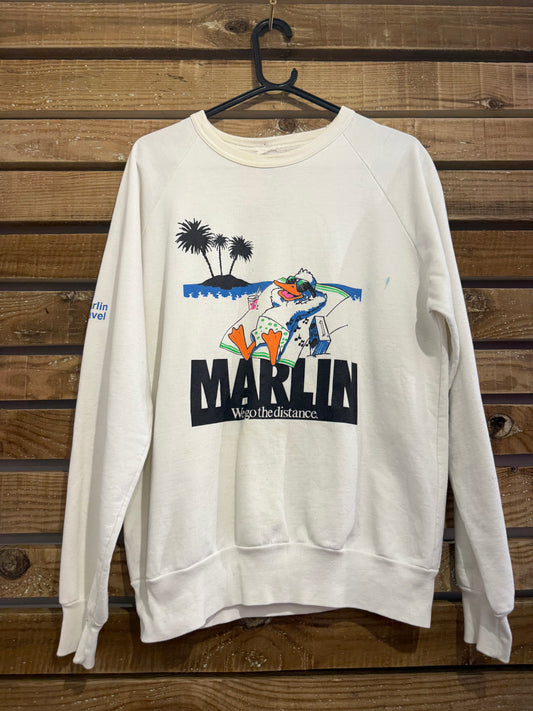 Vintage 80s Marlin Travel American USA white sweater/ sweatshirt. Size Medium.