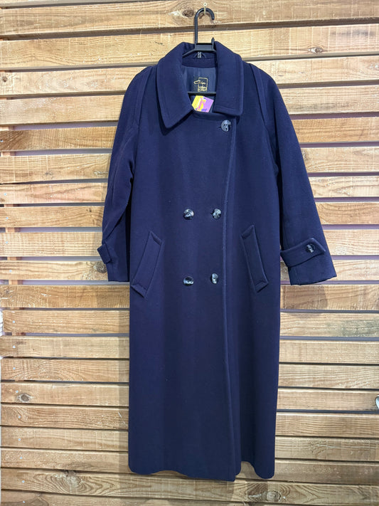 Vintage 80s Wool double breasted Coat. Trench/ Mac. Navy. Free sizing.