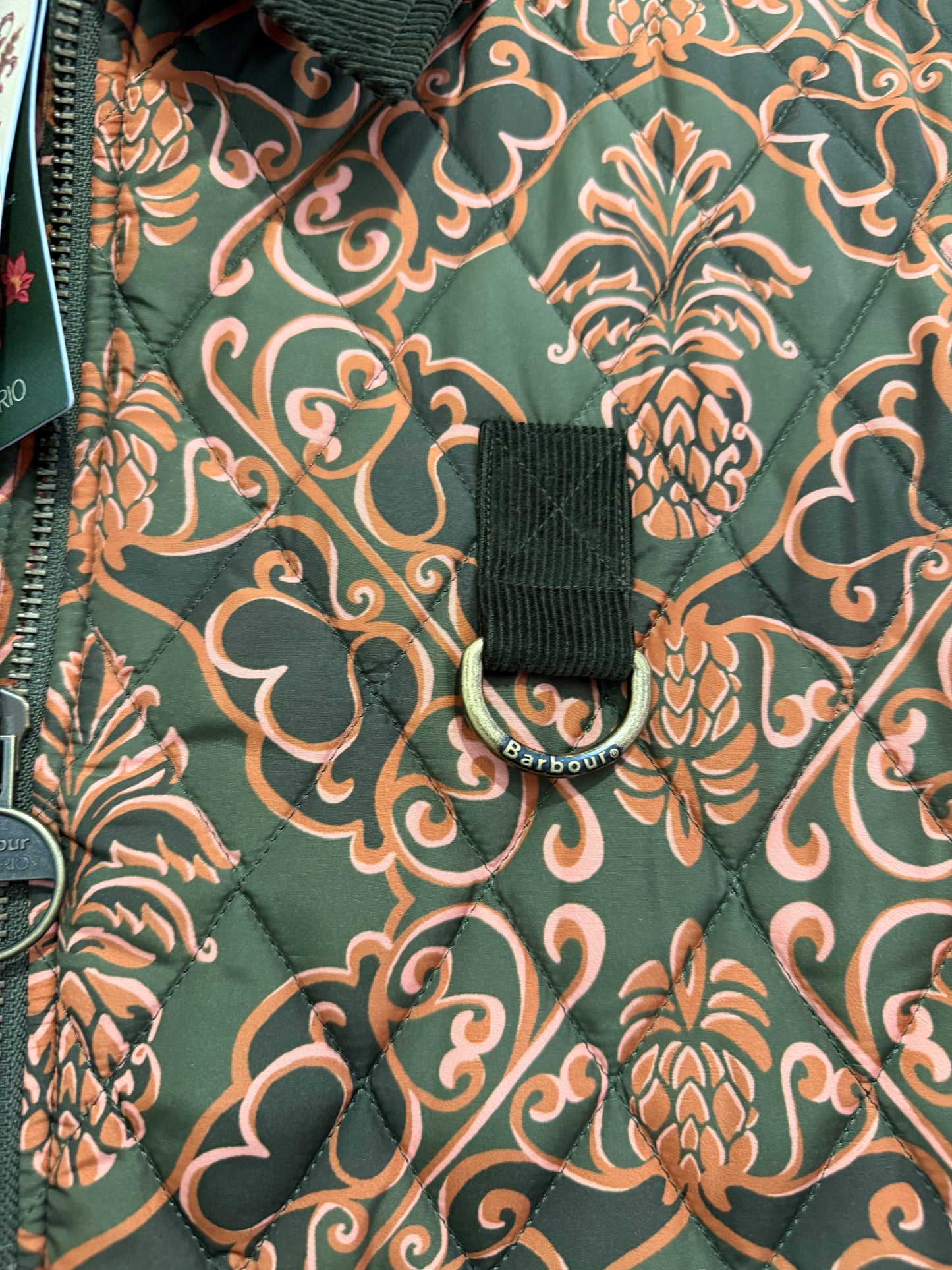 BNWT Barbour x Farm Rio Luisa Quilted Jacket. Green & Orange floral pineapple print. Size Large.