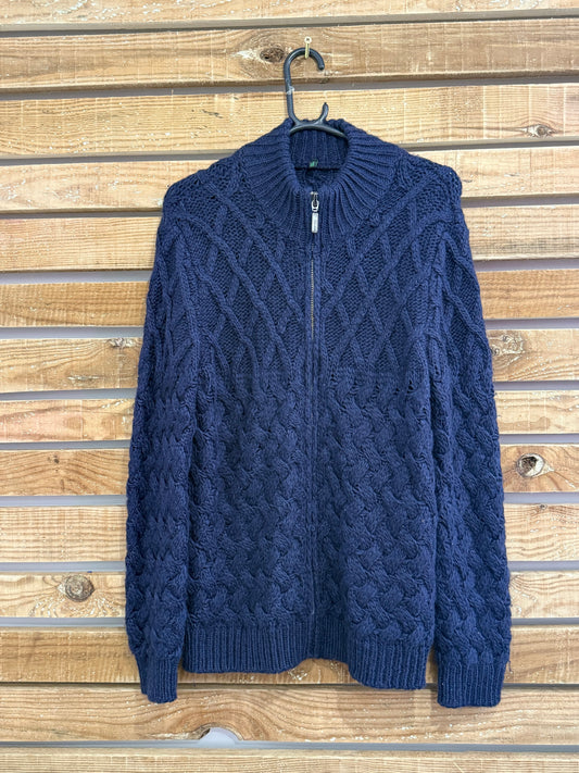 Vintage Y2K Benneton zip up wool knit cardigan/ jumper. Blue. Size Medium.