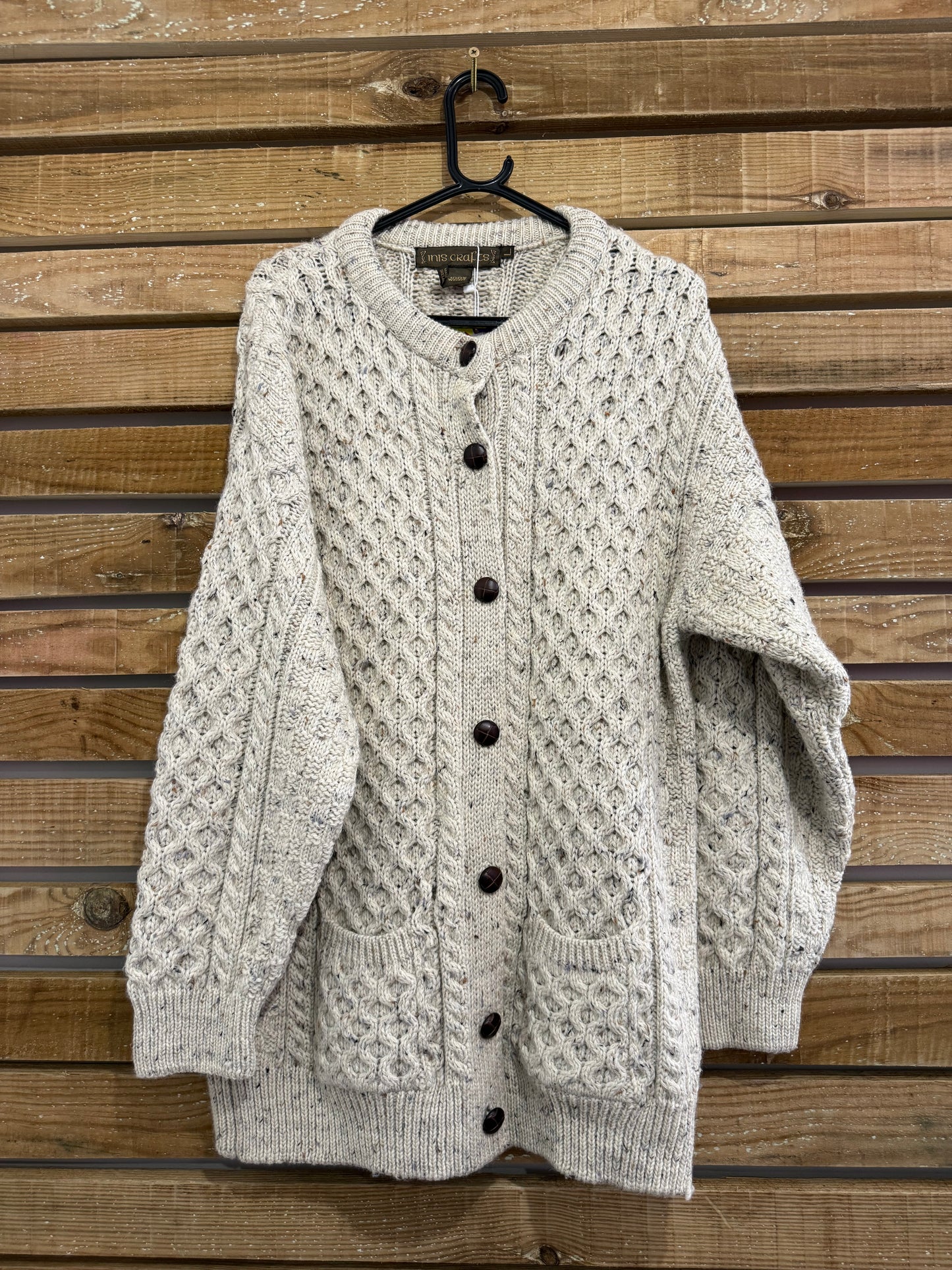 Vintage 90s Aran Knit Cream Cable Knit Cardigan. Size Large