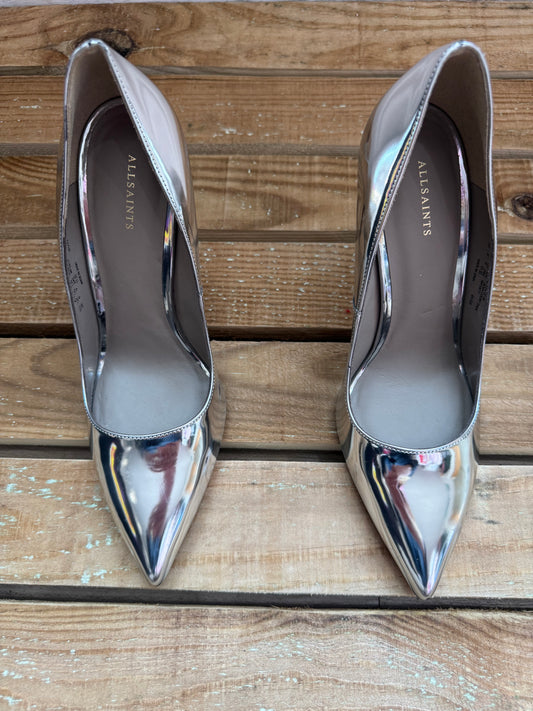 AllSaints Nova Metallic Leather Court Shoes/ Stilettos. Silver. EU39, UK6